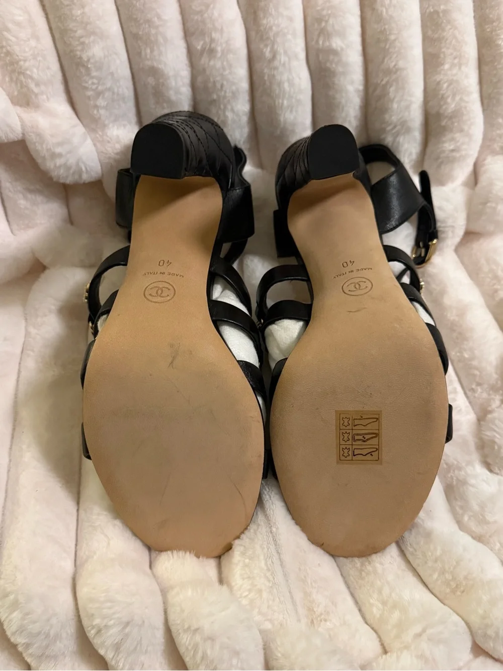 CHANEL Black Leather High-Heel Sandals with Gold Chain Straps